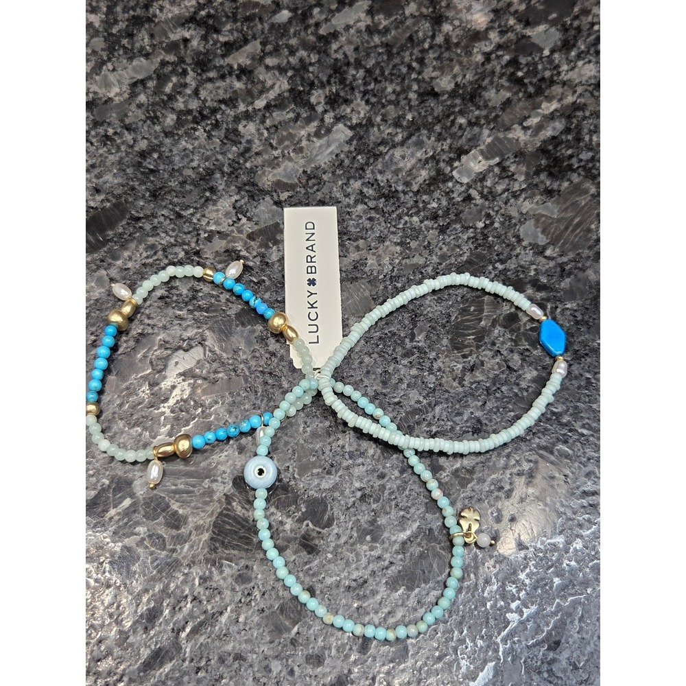 NWT Lucky Brand Turquoise Beaded Charm Bracelet Multi Strand Set Stack Boho